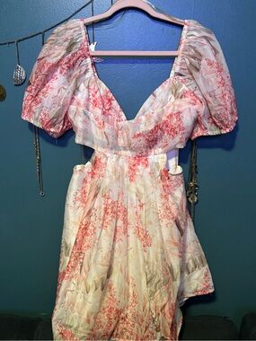 L'ATISTE Pink and Cream Floral Cutout Mini Dress